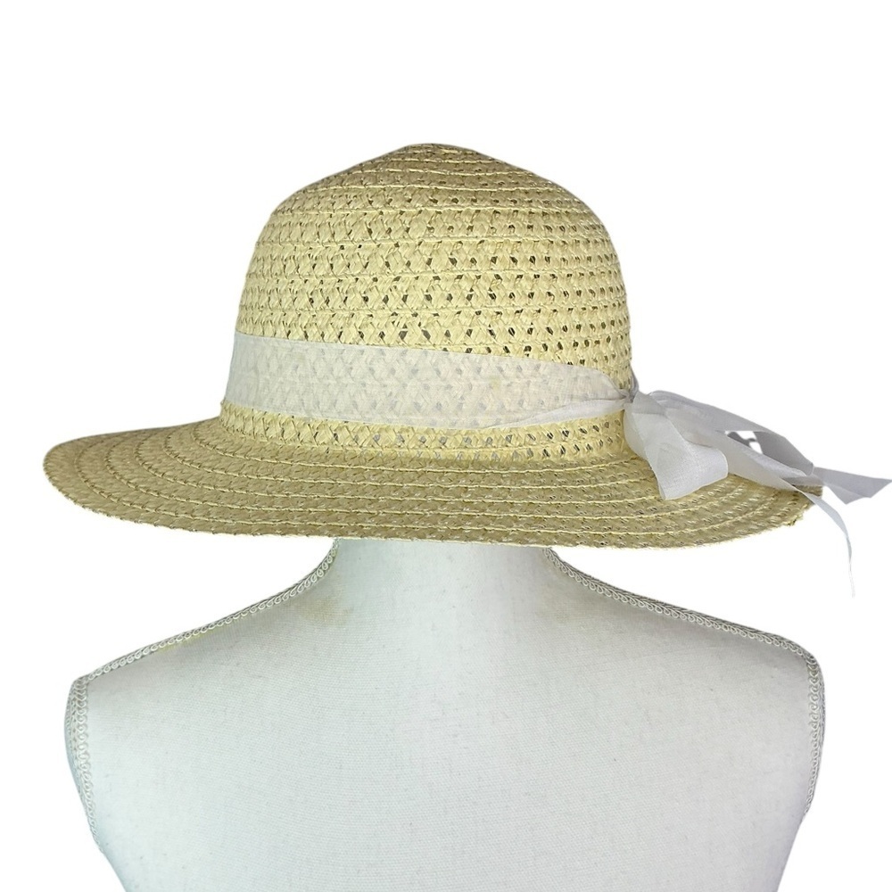 Straw Sun Garden Beach Hat Floppy Wide Brim White Ribbon Neutral Yellow Women OS - Picture 11 of 16